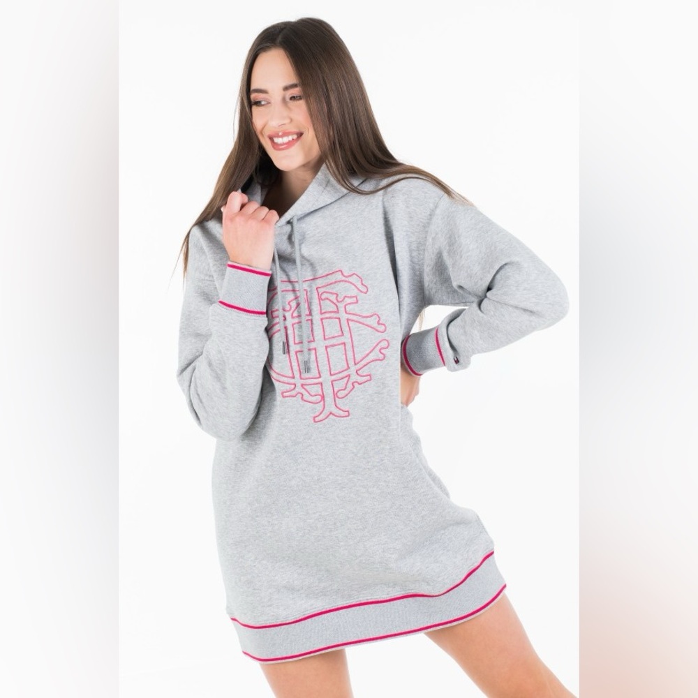 Tommy Hilfiger Sweatshirt Dress Monogram Perry Sz Medium Women Hoodie Gray Pink